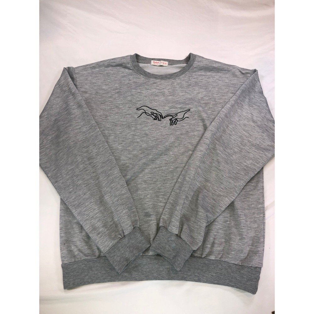 Romwe Gray Creation of Adam Hands Embroidered Sweatshirt Mens Large Line Art